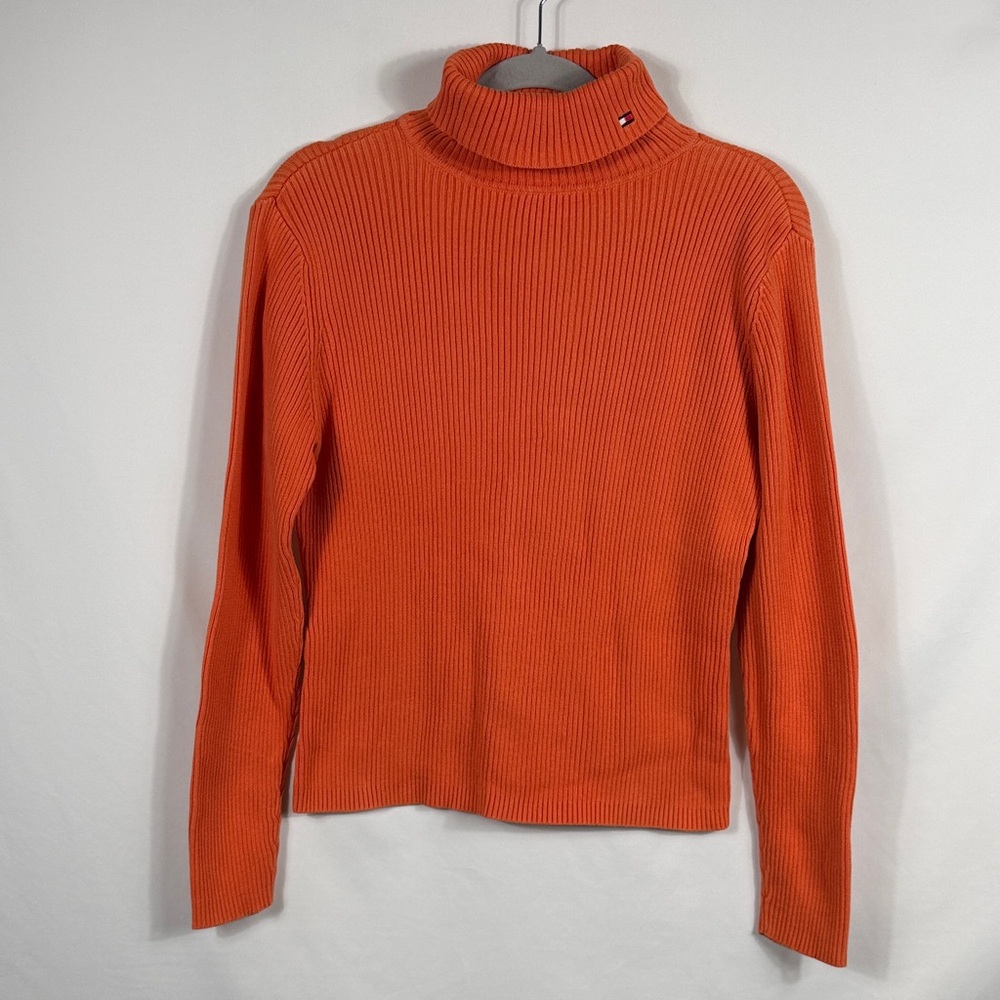 Tommy Hilfiger VTG 01’ Vibrant Orange‎ Turtle Neck Ribbed Y2K Sweater. Womens XL